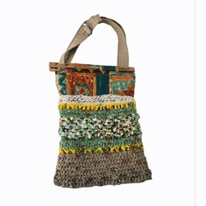Handmade Boho Patchwork Tote Bag Upcycled Woven Plastic & Fabric Wooden Handle